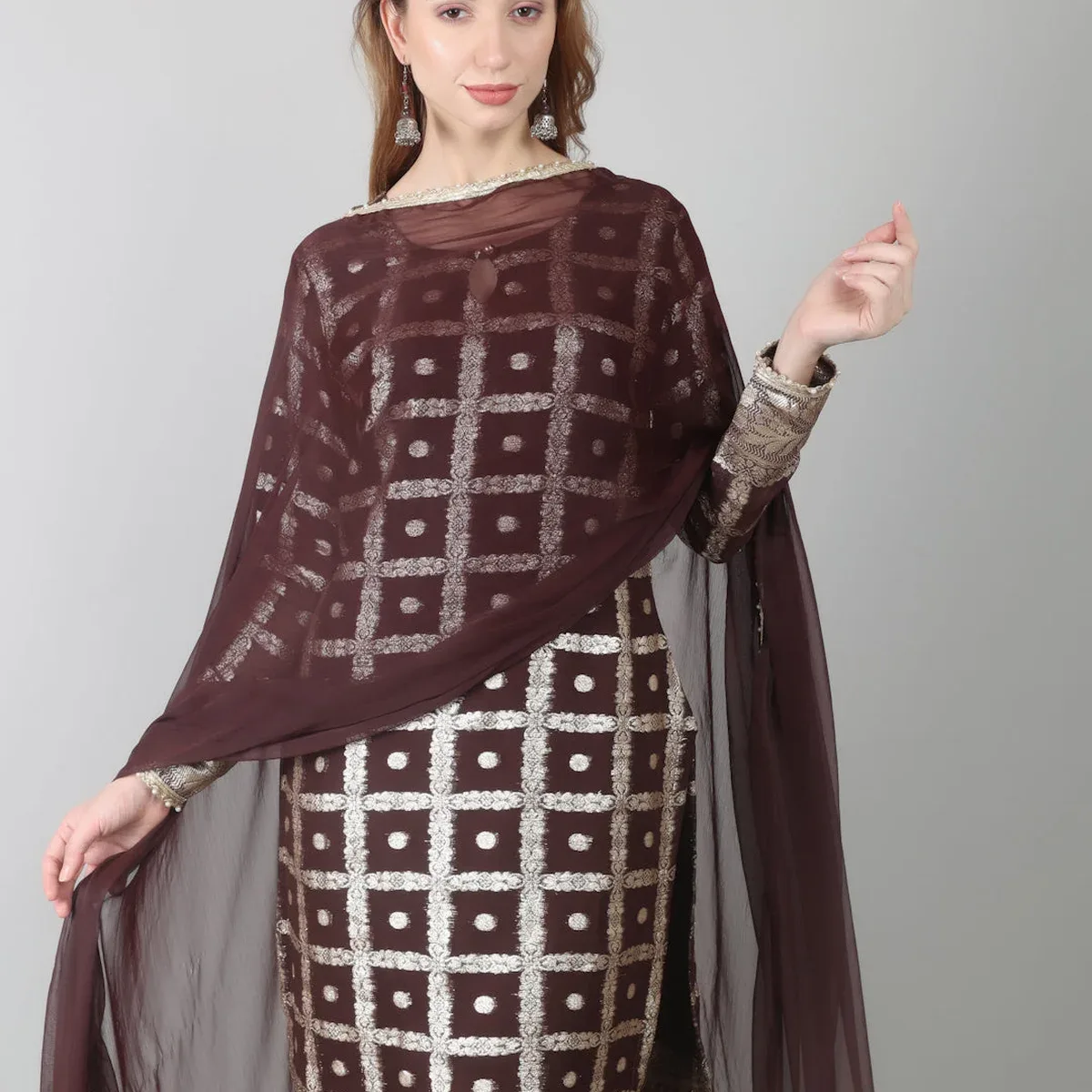 Brown Colour Georgette Jacquard Suit Set, photo 4 of 4