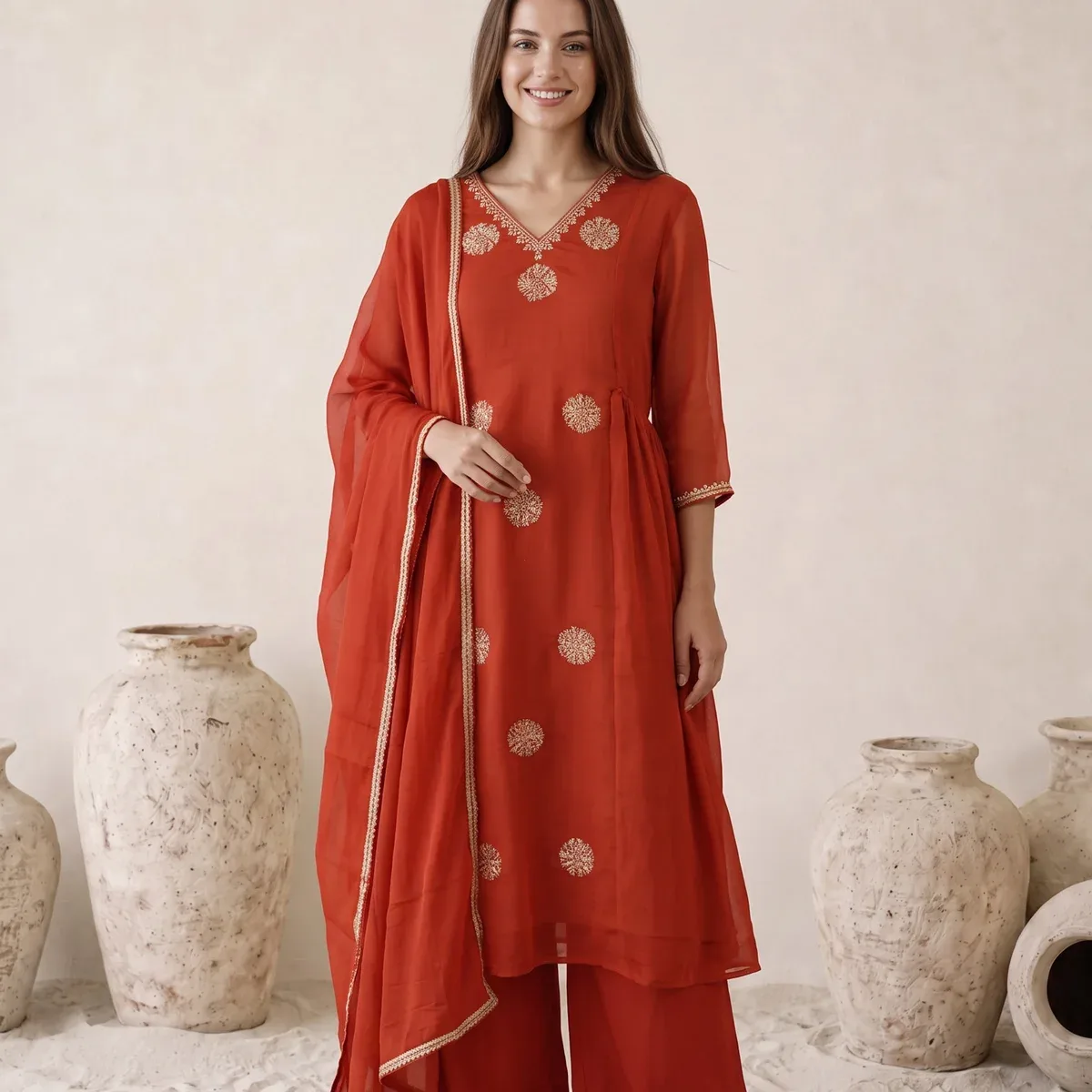 Rust Orange Floral Embroidered Mul Chanderi Kurta Set with Dupatta, photo 1 of 4