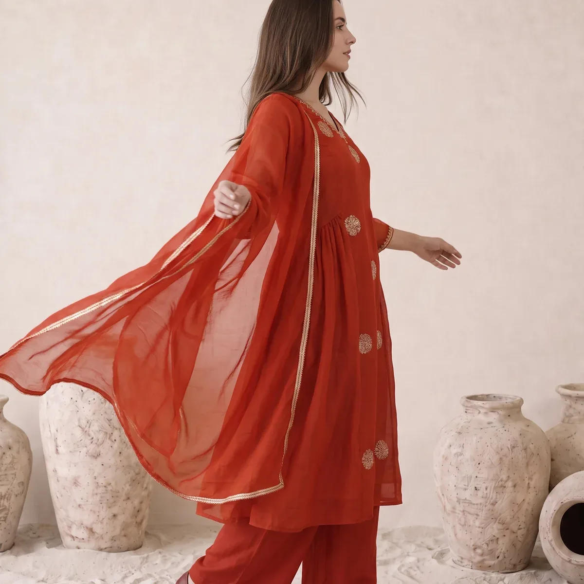 Rust Orange Floral Embroidered Mul Chanderi Kurta Set with Dupatta, photo 2 of 4