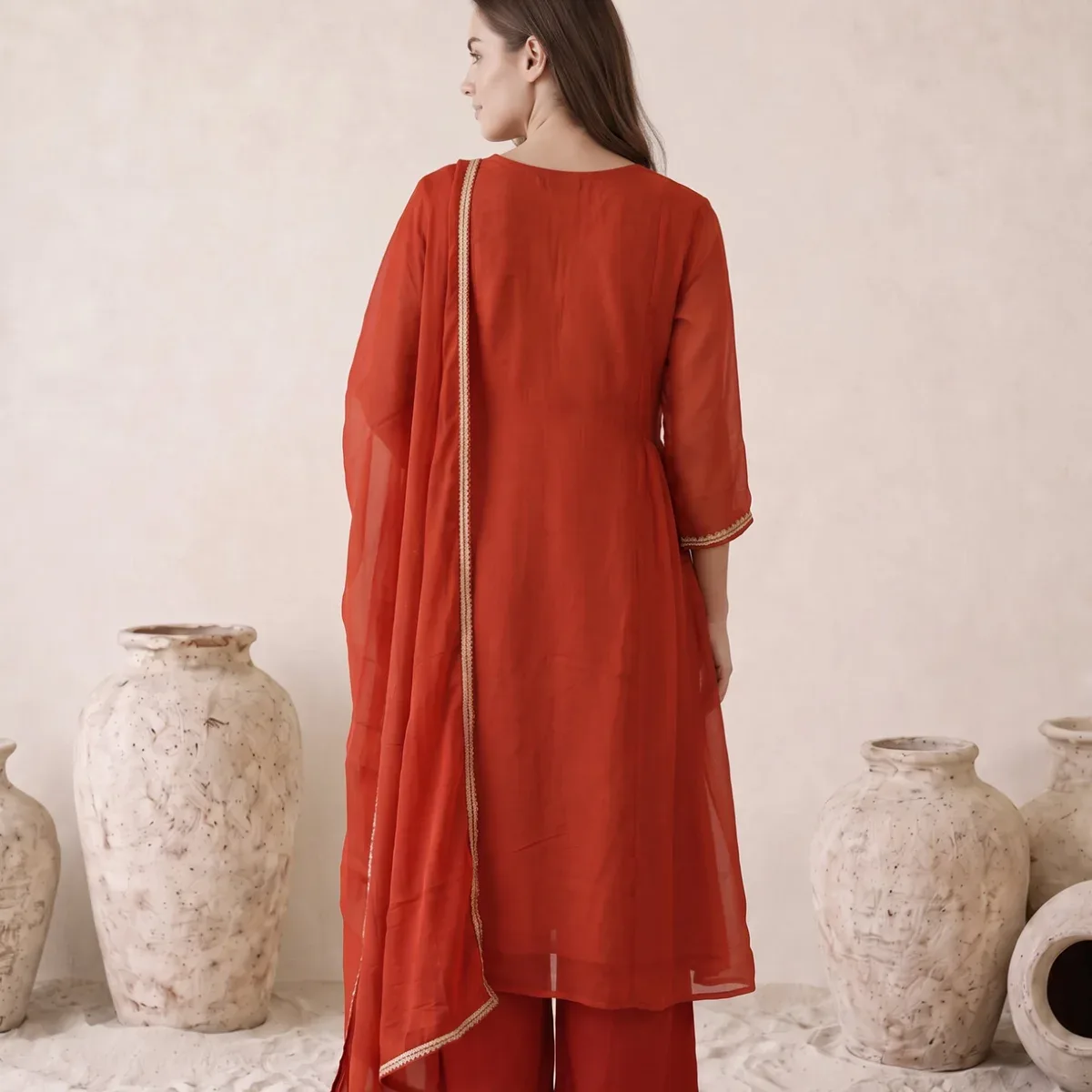 Rust Orange Floral Embroidered Mul Chanderi Kurta Set with Dupatta, photo 3 of 4