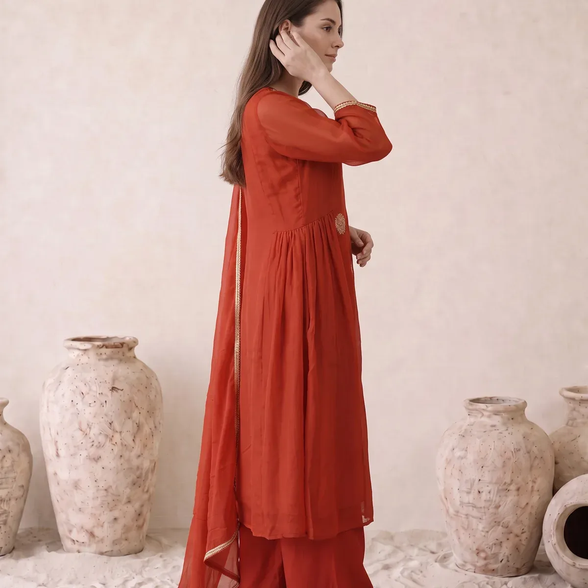 Rust Orange Floral Embroidered Mul Chanderi Kurta Set with Dupatta, photo 4 of 4