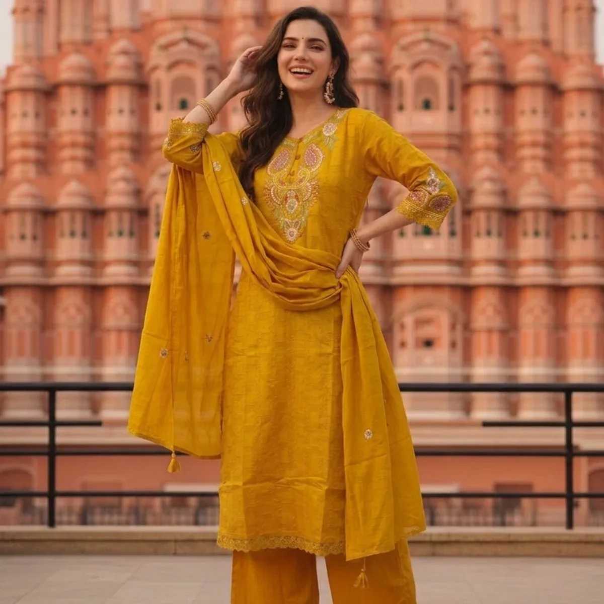 Mustard Yellow Solid Cotton A-Line Kurta Set with Floral Embroidery, Round Neck, Palazzo & Pure Cotton Tassel , photo 1 of 4