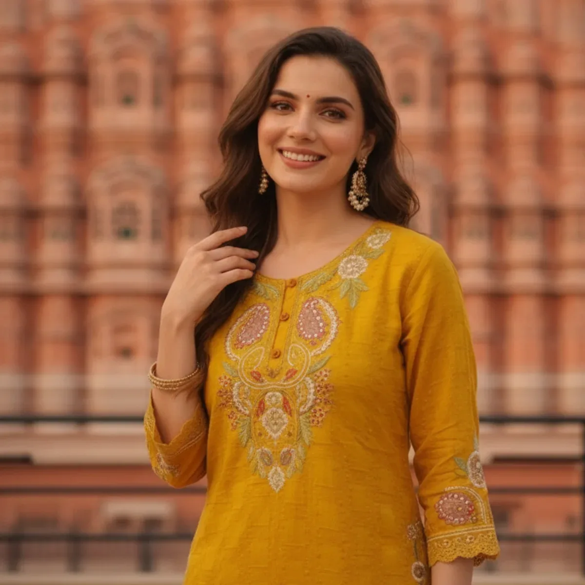 Mustard Yellow Solid Cotton A-Line Kurta Set with Floral Embroidery, Round Neck, Palazzo & Pure Cotton Tassel , photo 2 of 4