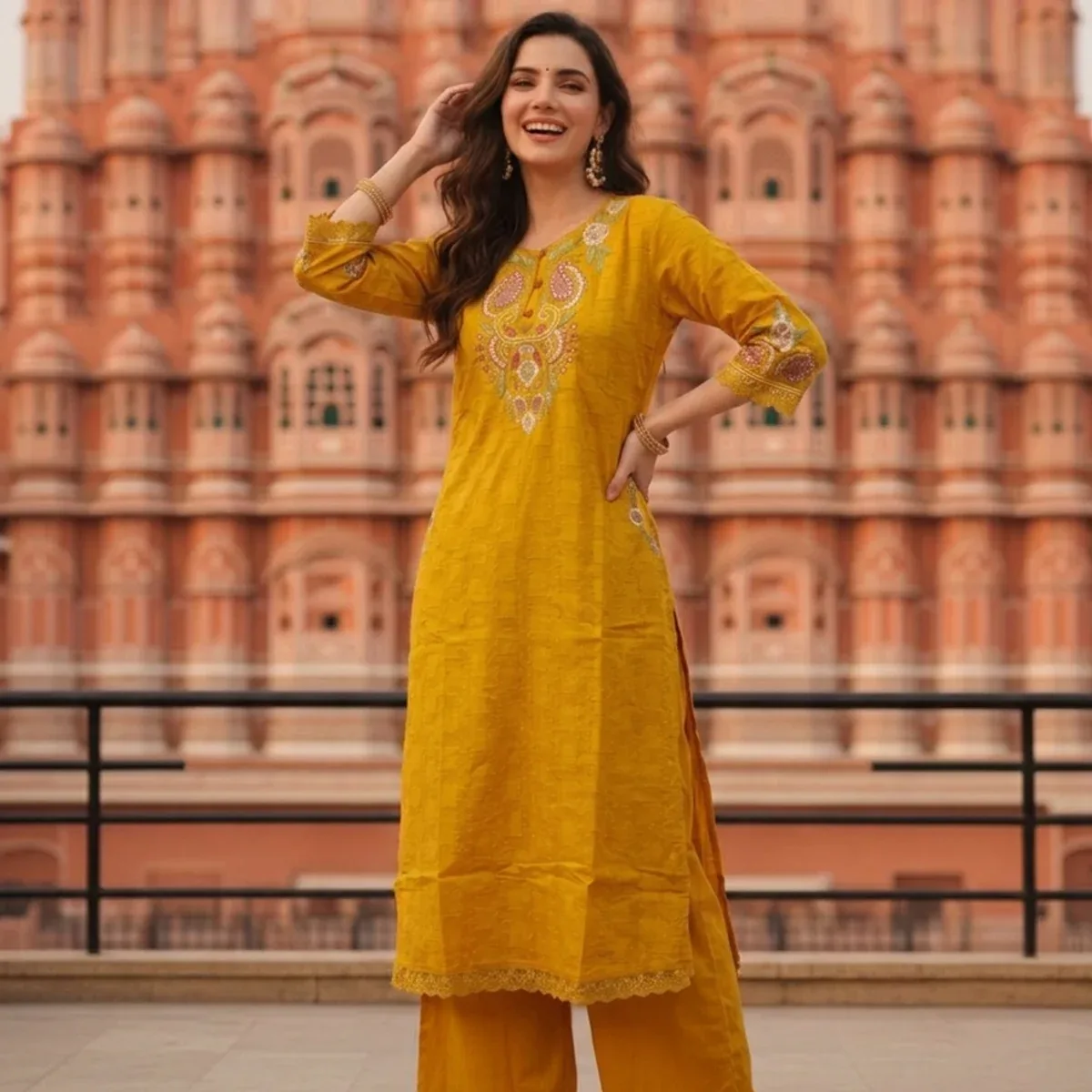 Mustard Yellow Solid Cotton A-Line Kurta Set with Floral Embroidery, Round Neck, Palazzo & Pure Cotton Tassel , photo 3 of 4