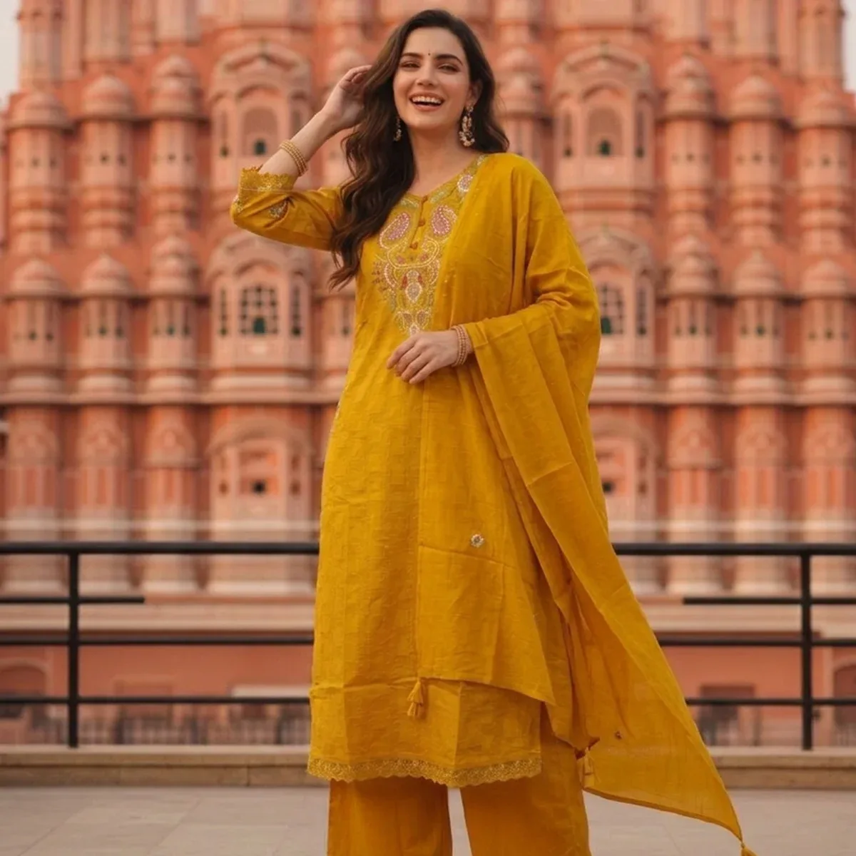 Mustard Yellow Solid Cotton A-Line Kurta Set with Floral Embroidery, Round Neck, Palazzo & Pure Cotton Tassel , photo 4 of 4