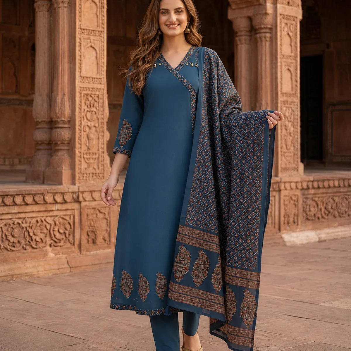 Indigo Blue Floral Block Print Cotton Anarkali Kurta Set with Beadwork, Palazzo & Dupatta, photo 1 of 4