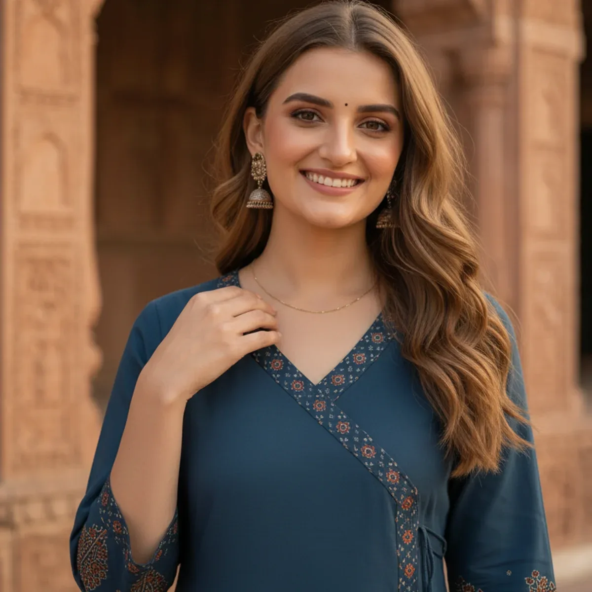 Indigo Blue Floral Block Print Cotton Anarkali Kurta Set with Beadwork, Palazzo & Dupatta, photo 2 of 4