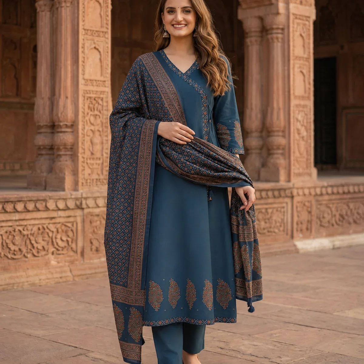 Indigo Blue Floral Block Print Cotton Anarkali Kurta Set with Beadwork, Palazzo & Dupatta, photo 3 of 4