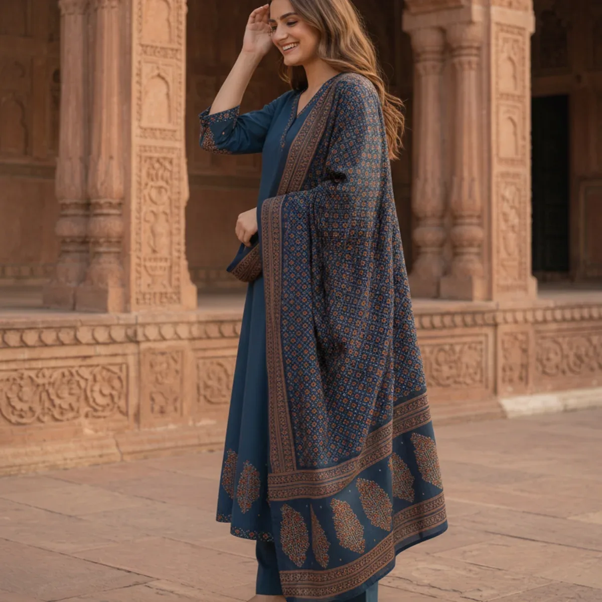 Indigo Blue Floral Block Print Cotton Anarkali Kurta Set with Beadwork, Palazzo & Dupatta, photo 4 of 4