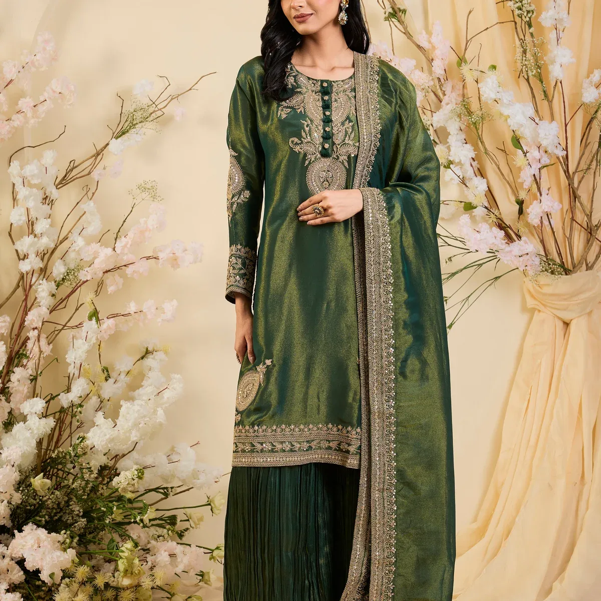 Emerald Heirloom: Regal Silk Kurta Set with Ornate Embroidery & Flowing Palazzo, photo 1 of 4