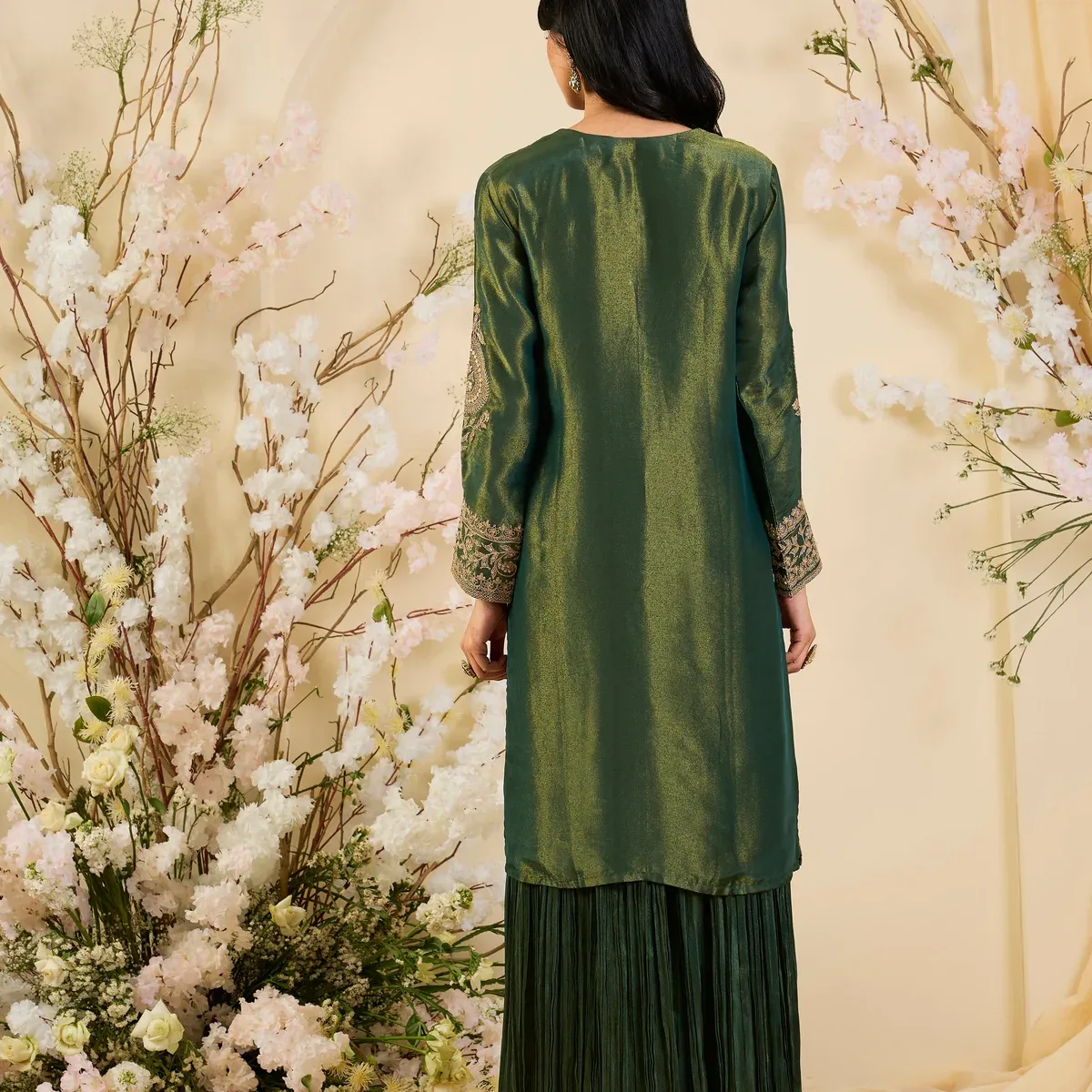 Emerald Heirloom: Regal Silk Kurta Set with Ornate Embroidery & Flowing Palazzo, photo 2 of 4