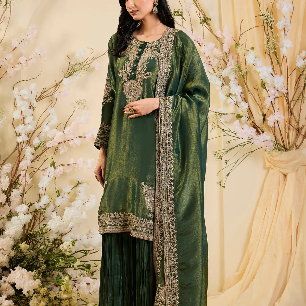 Emerald Heirloom: Regal Silk Kurta Set with Ornate Embroidery & Flowing Palazzo, photo 4 of 4
