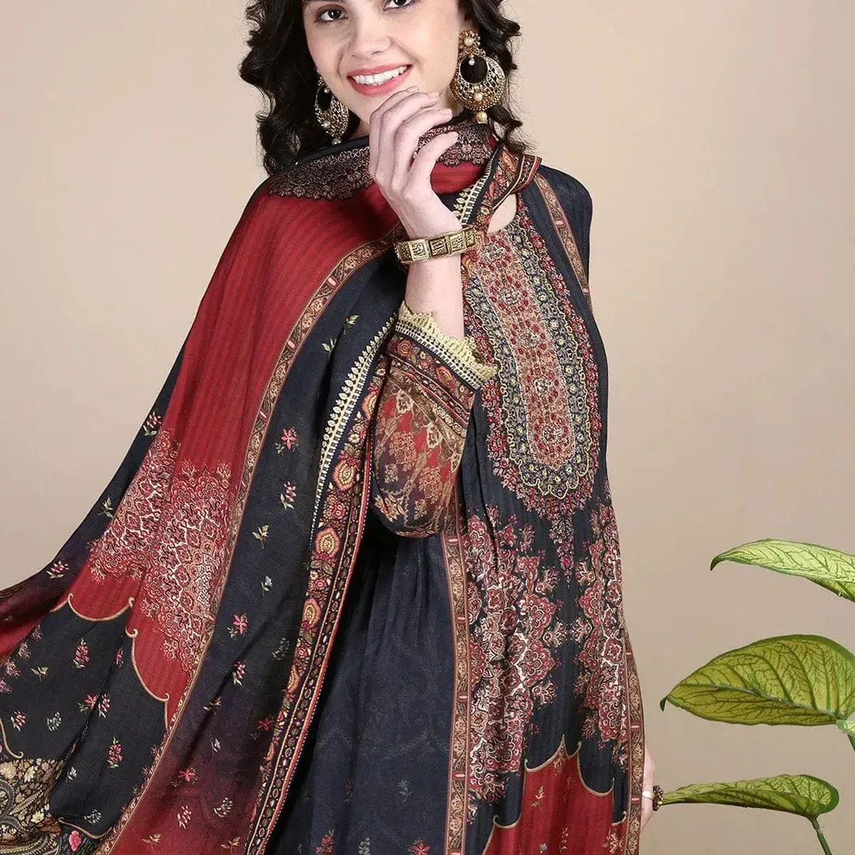 Women's Floral Charcoal A-Line Kurta Set with Dupatta, photo 1 of 4