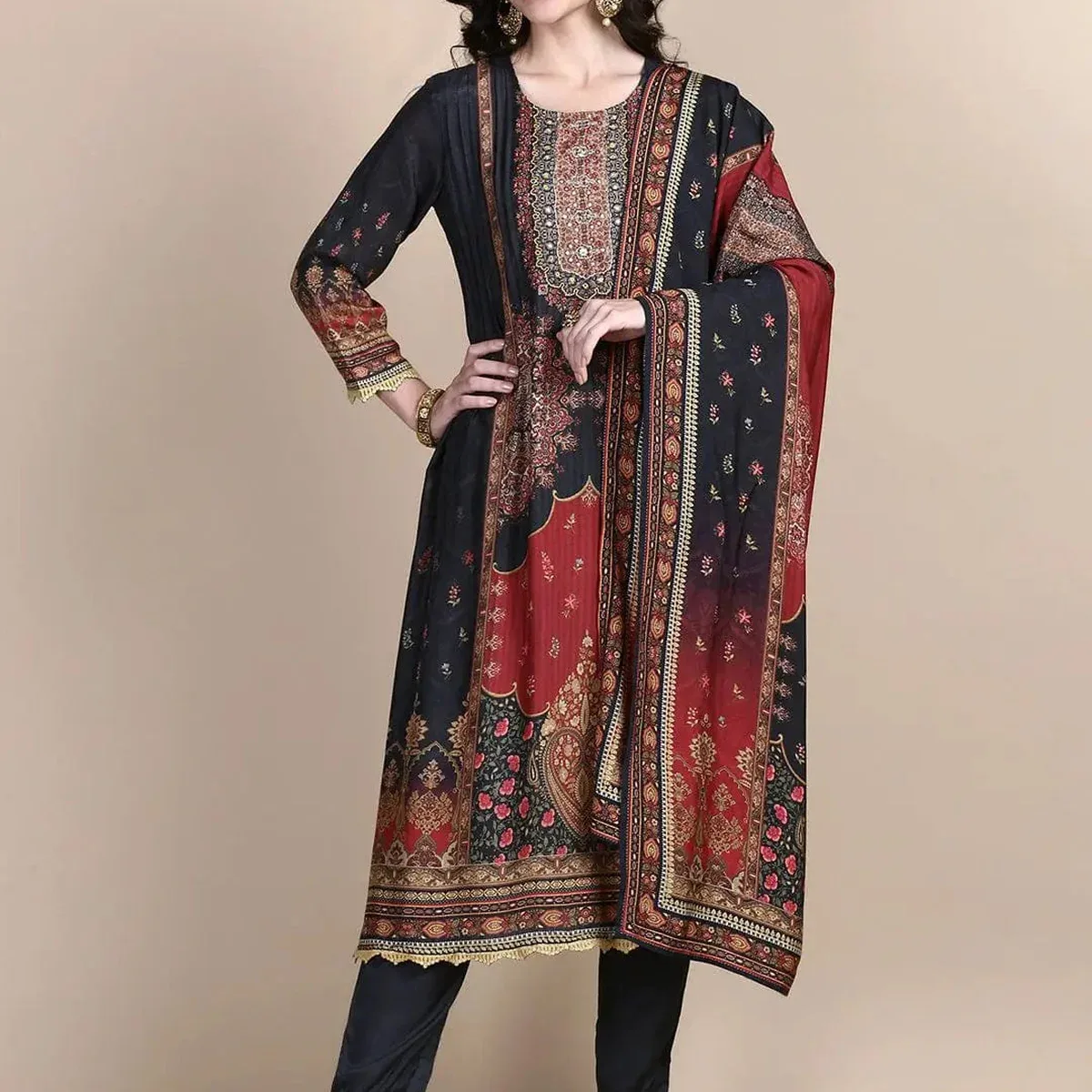 Women's Floral Charcoal A-Line Kurta Set with Dupatta, photo 2 of 4