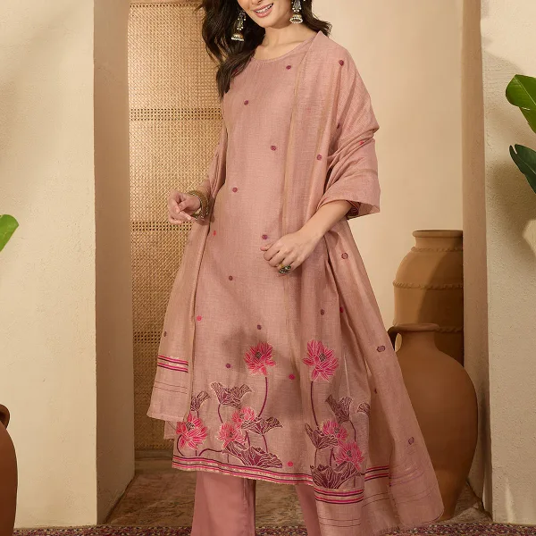 Women's Dusty Pink Chanderi Cotton Jacquard Floral Woven Straight Kurta Set