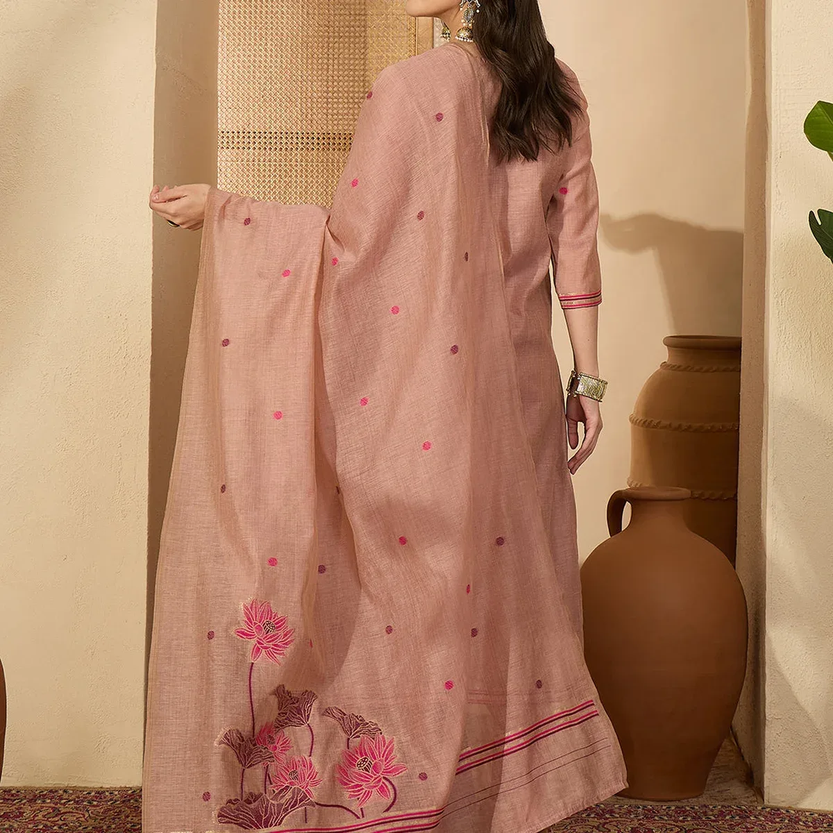 Women's Dusty Pink Chanderi Cotton Jacquard Floral Woven Straight Kurta Set, photo 4 of 4