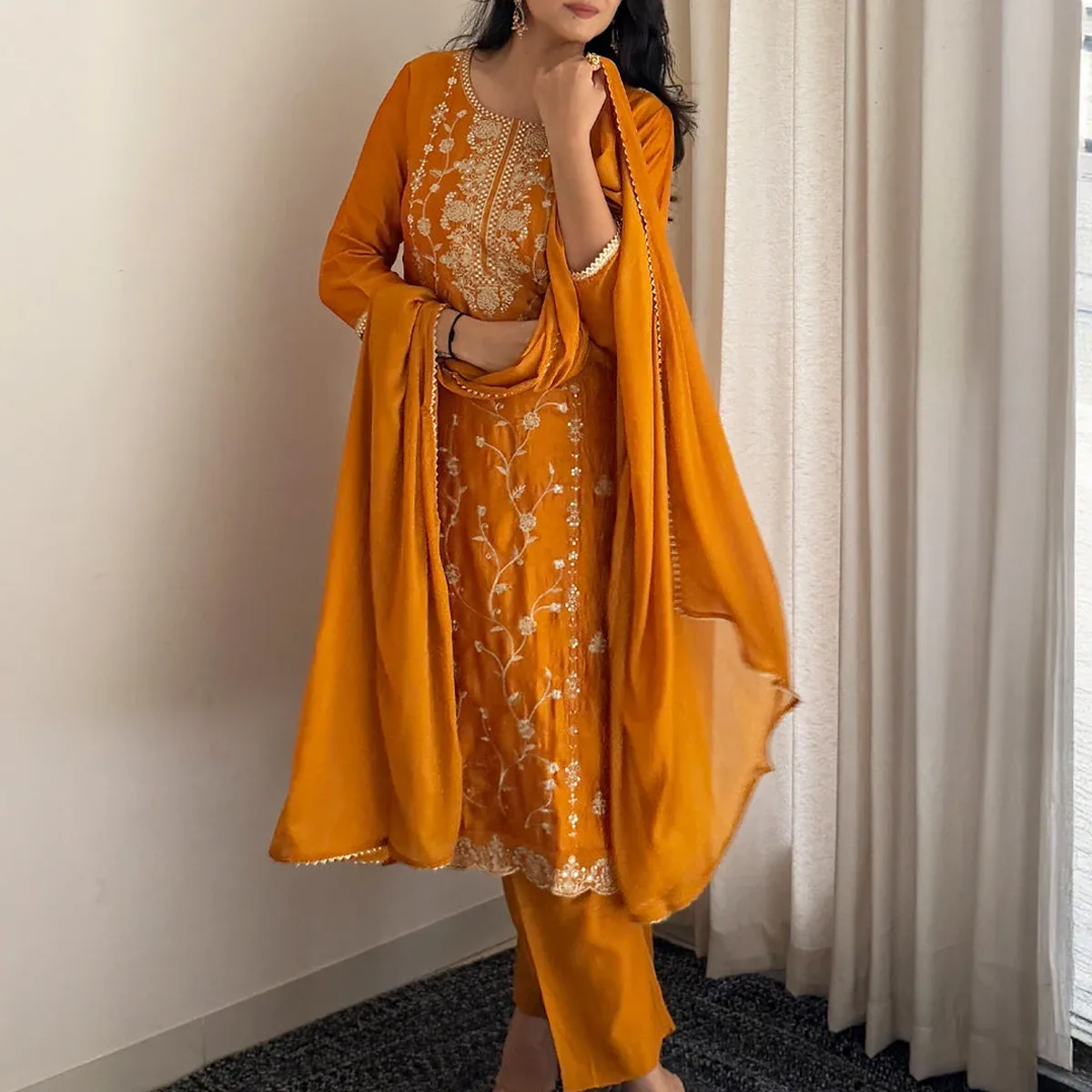 Women's Mustard Silk Blend Floral Zari Embroidered Straight Kurta Set, photo 1 of 4