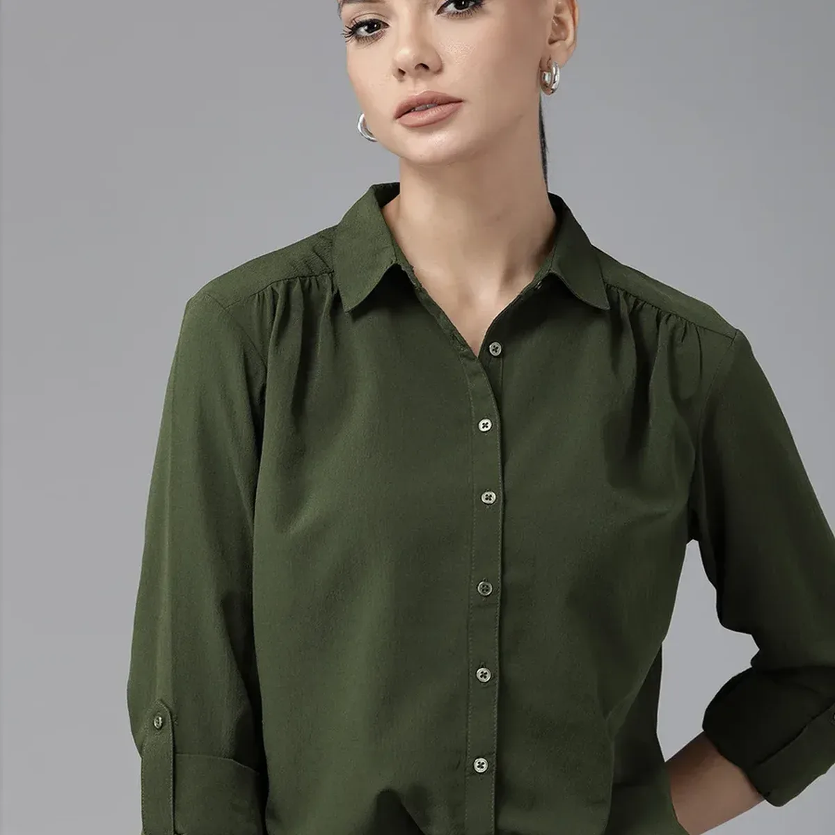 Women Solid Casual Green Shirt, photo 3 of 4