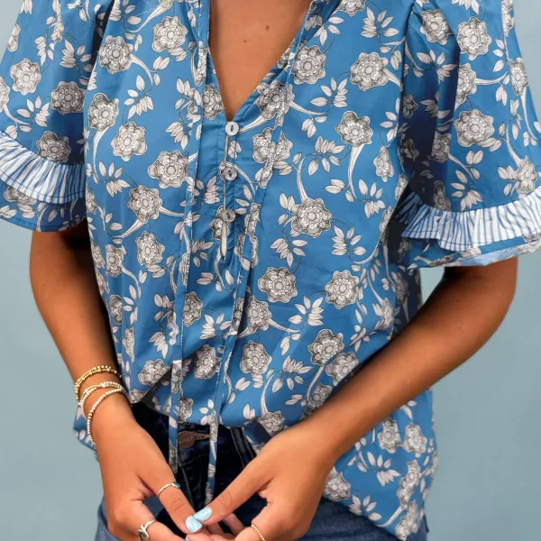 Blue Floral Print Button Tie Neck Striped Detail Short Sleeve Blouse