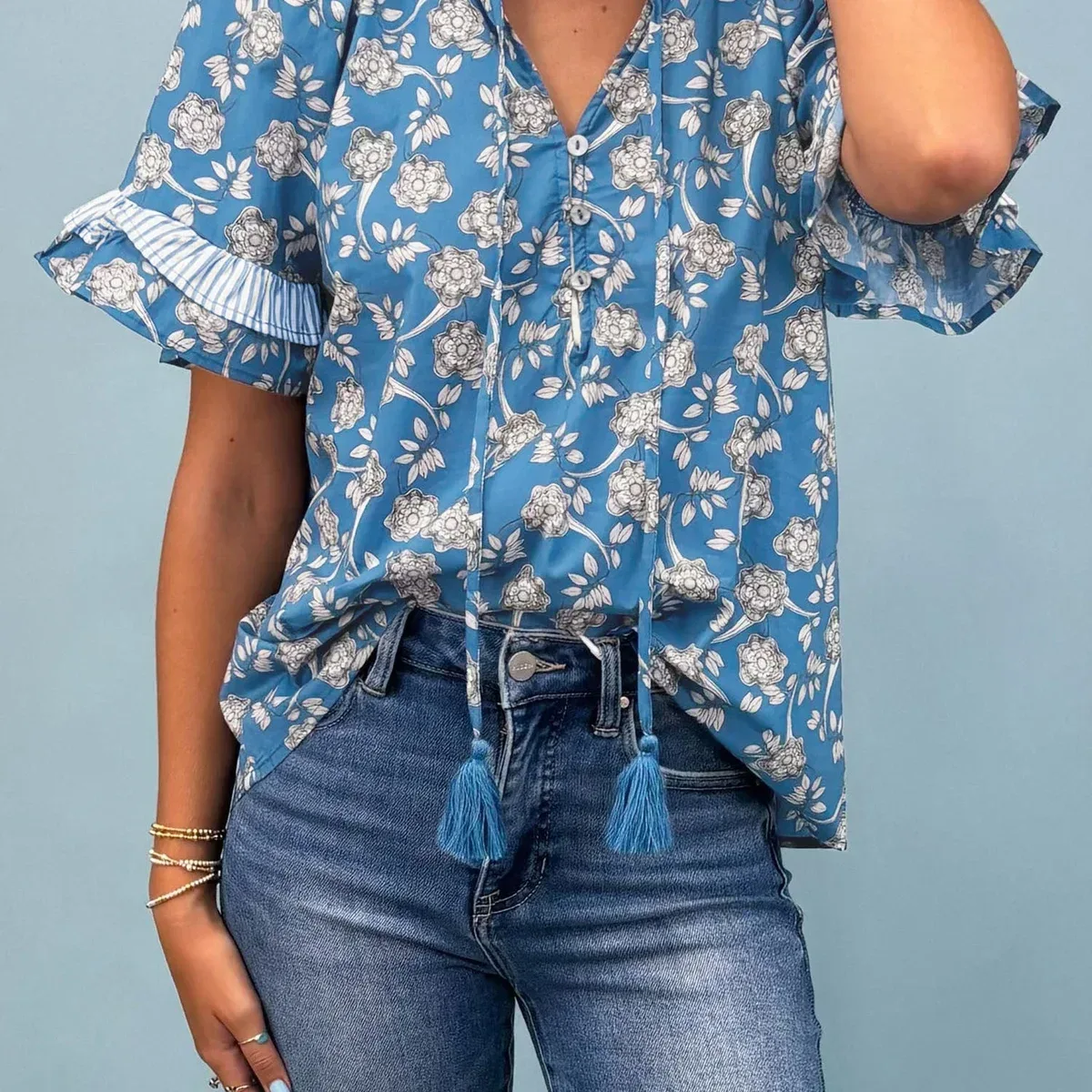 Blue Floral Print Button Tie Neck Striped Detail Short Sleeve Blouse, photo 2 of 4