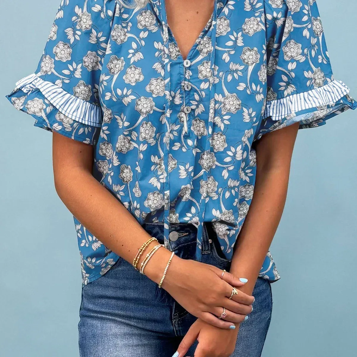 Blue Floral Print Button Tie Neck Striped Detail Short Sleeve Blouse, photo 3 of 4