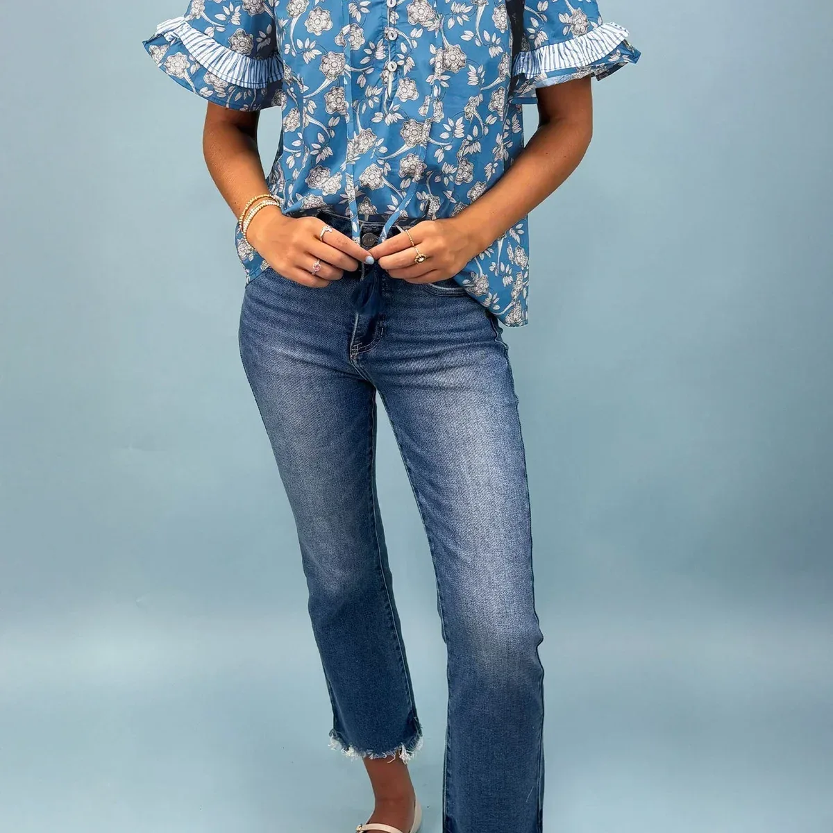 Blue Floral Print Button Tie Neck Striped Detail Short Sleeve Blouse, photo 4 of 4