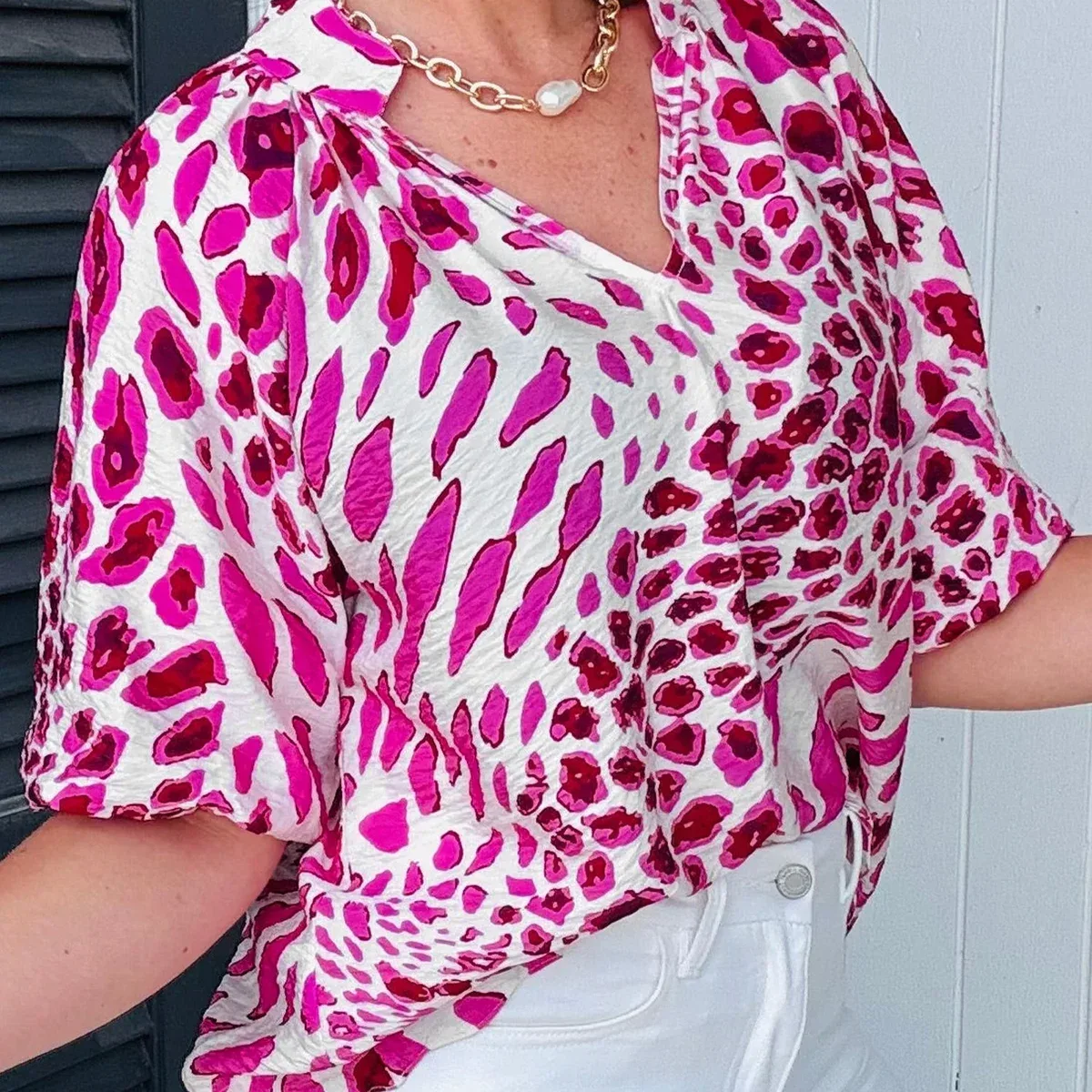 Rose Leopard Print V Neck Puffy Half Sleeve Blouse, photo 2 of 4