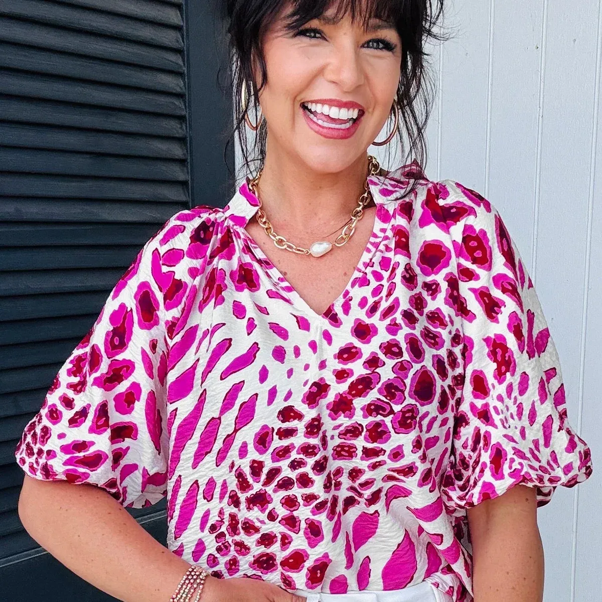 Rose Leopard Print V Neck Puffy Half Sleeve Blouse, photo 4 of 4