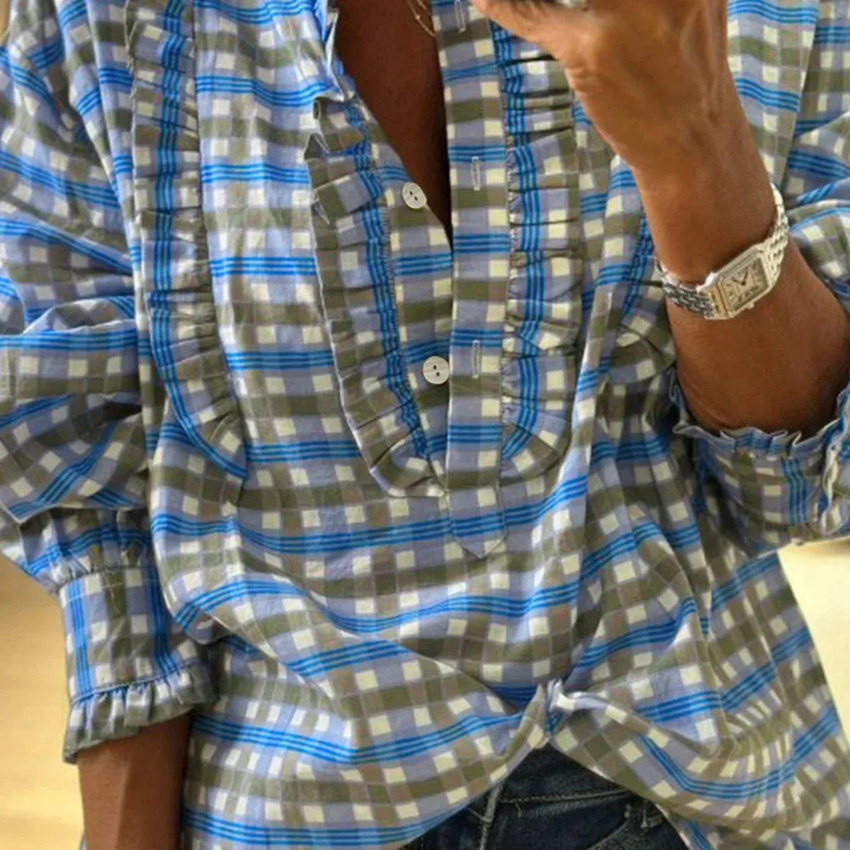 Sky Blue Plaid Long Sleeve Frilled Detail Half Button Blouse, photo 2 of 4