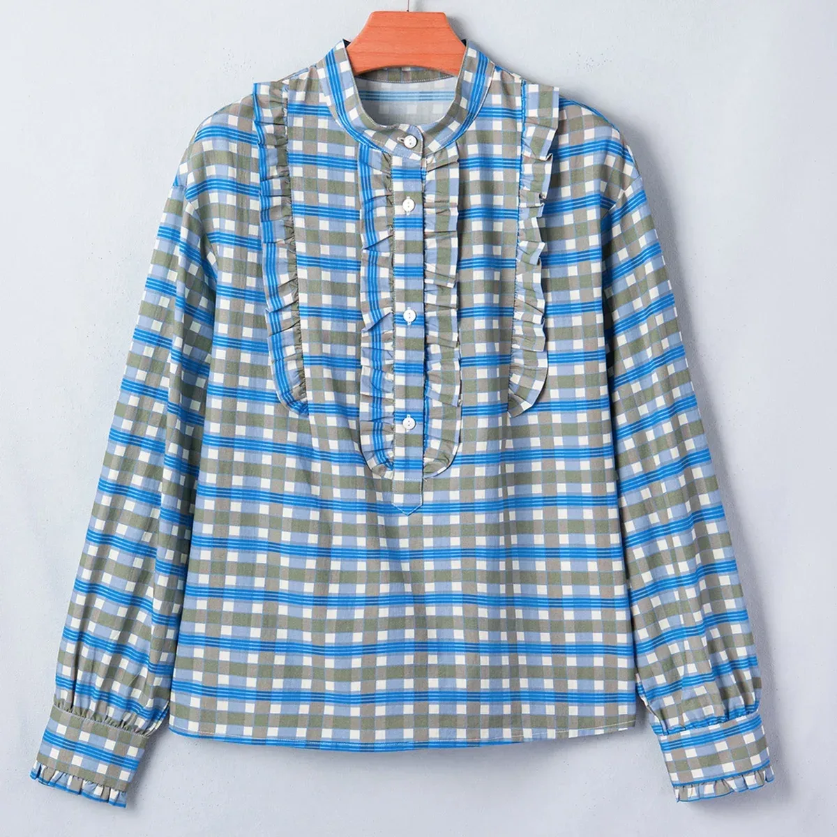 Sky Blue Plaid Long Sleeve Frilled Detail Half Button Blouse, photo 3 of 4