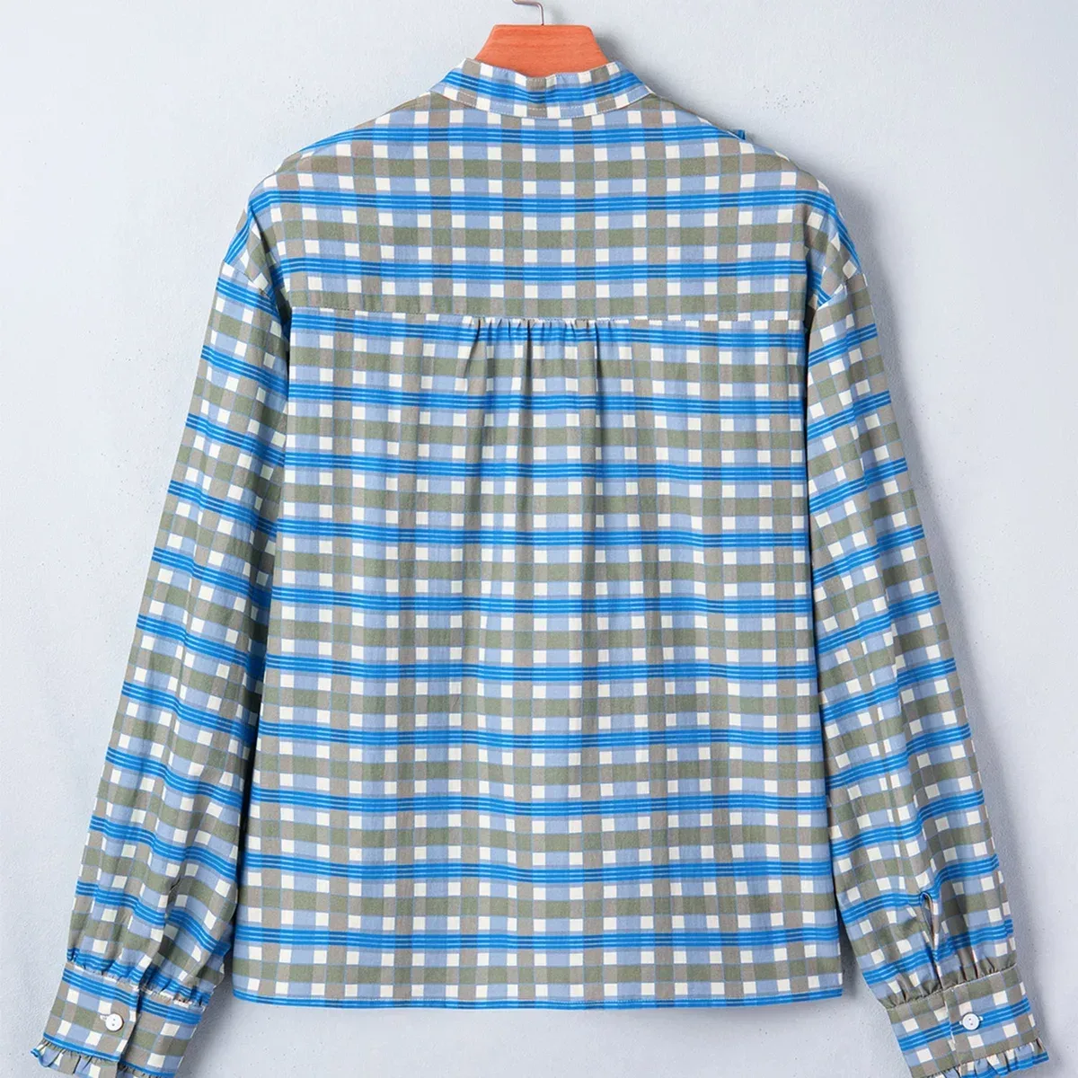 Sky Blue Plaid Long Sleeve Frilled Detail Half Button Blouse, photo 4 of 4