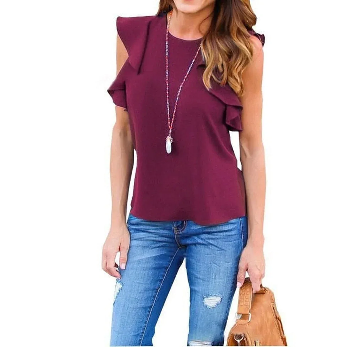 Women Chiffon Blouse Fashion Summer Sexy O Neck Sleeveless Ruffle Shirts Casual Slim Solid Blusas Plus Size Te, photo 2 of 4
