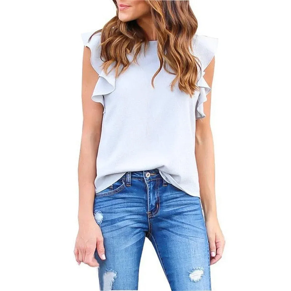 Women Chiffon Blouse Fashion Summer Sexy O Neck Sleeveless Ruffle Shirts Casual Slim Solid Blusas Plus Size Te, photo 3 of 4