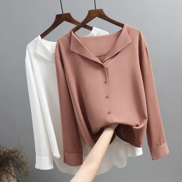 2019 autumn new solid women chiffon blouse office lady v-neck button loose casual solid female shirts outwear 