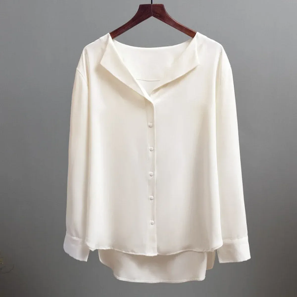 2019 autumn new solid women chiffon blouse office lady v-neck button loose casual solid female shirts outwear , photo 3 of 4