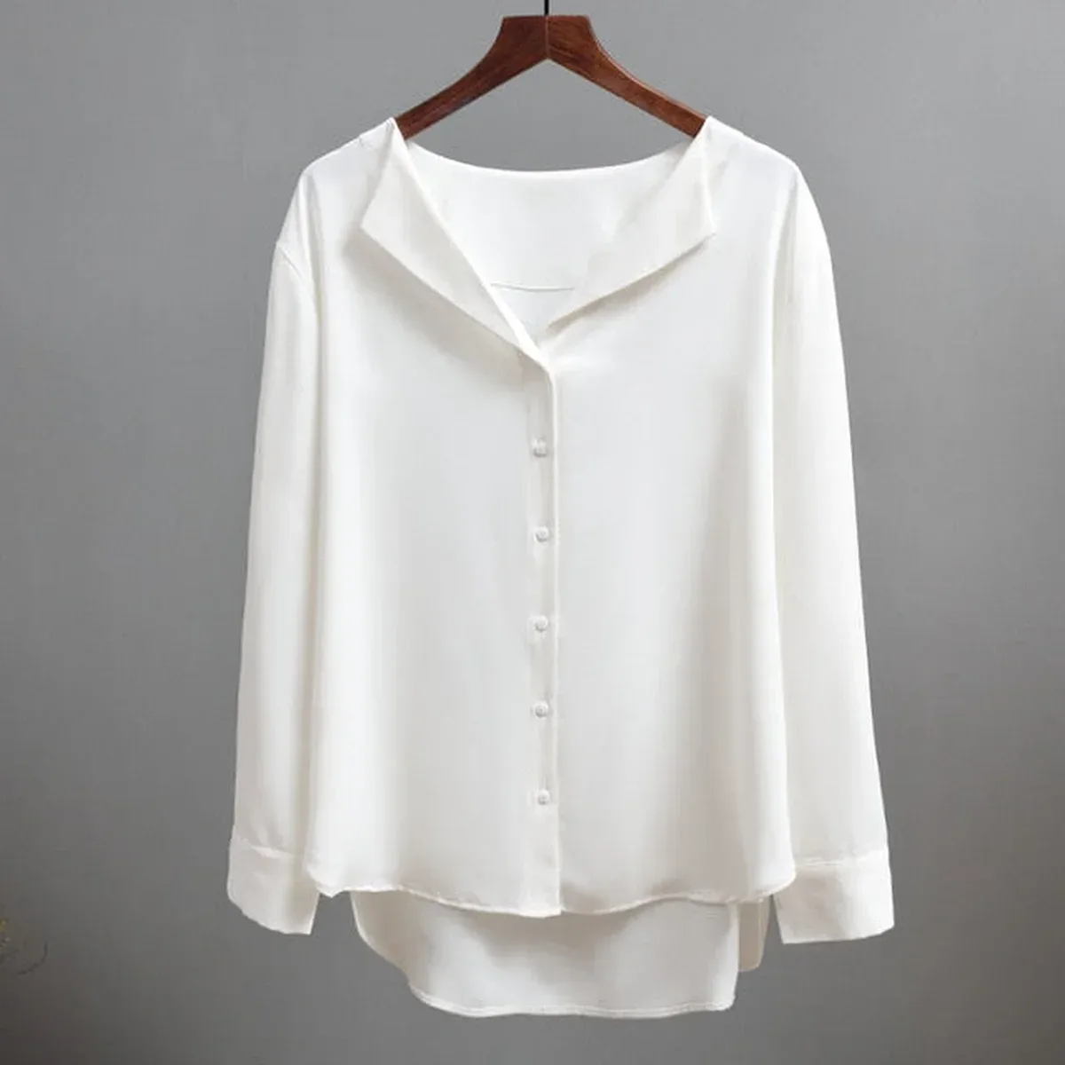 2019 autumn new solid women chiffon blouse office lady v-neck button loose casual solid female shirts outwear , photo 4 of 4
