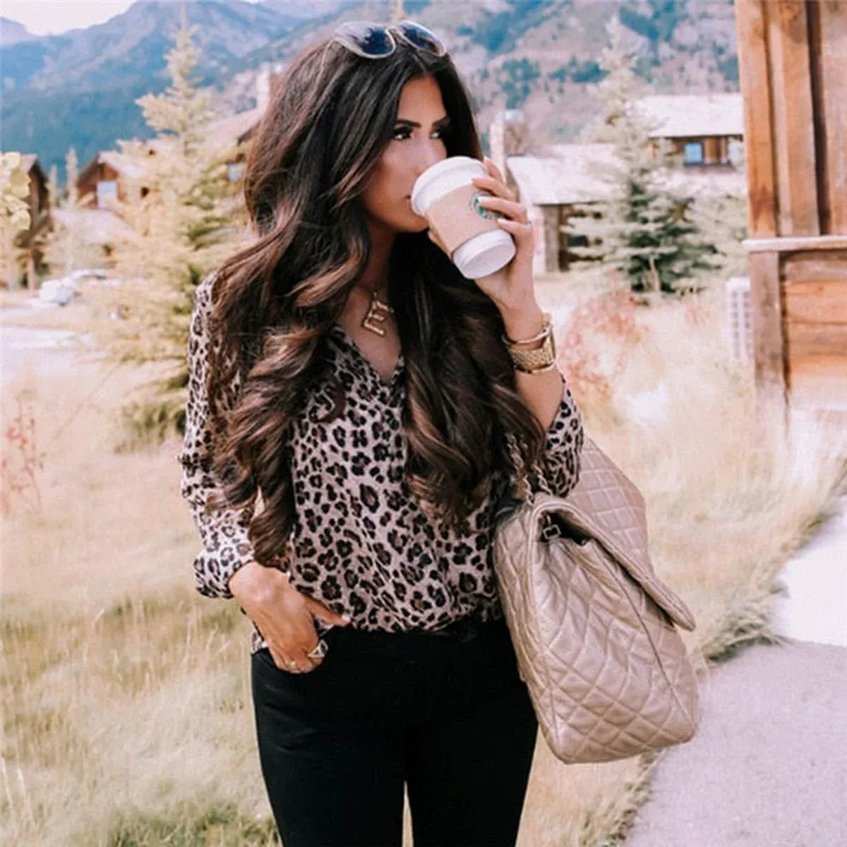 Fashion Women Long Sleeve Leopard Blouse V neck Shirt Ladies OL Party Top Dames Streetwear blusas femininas el, photo 3 of 4