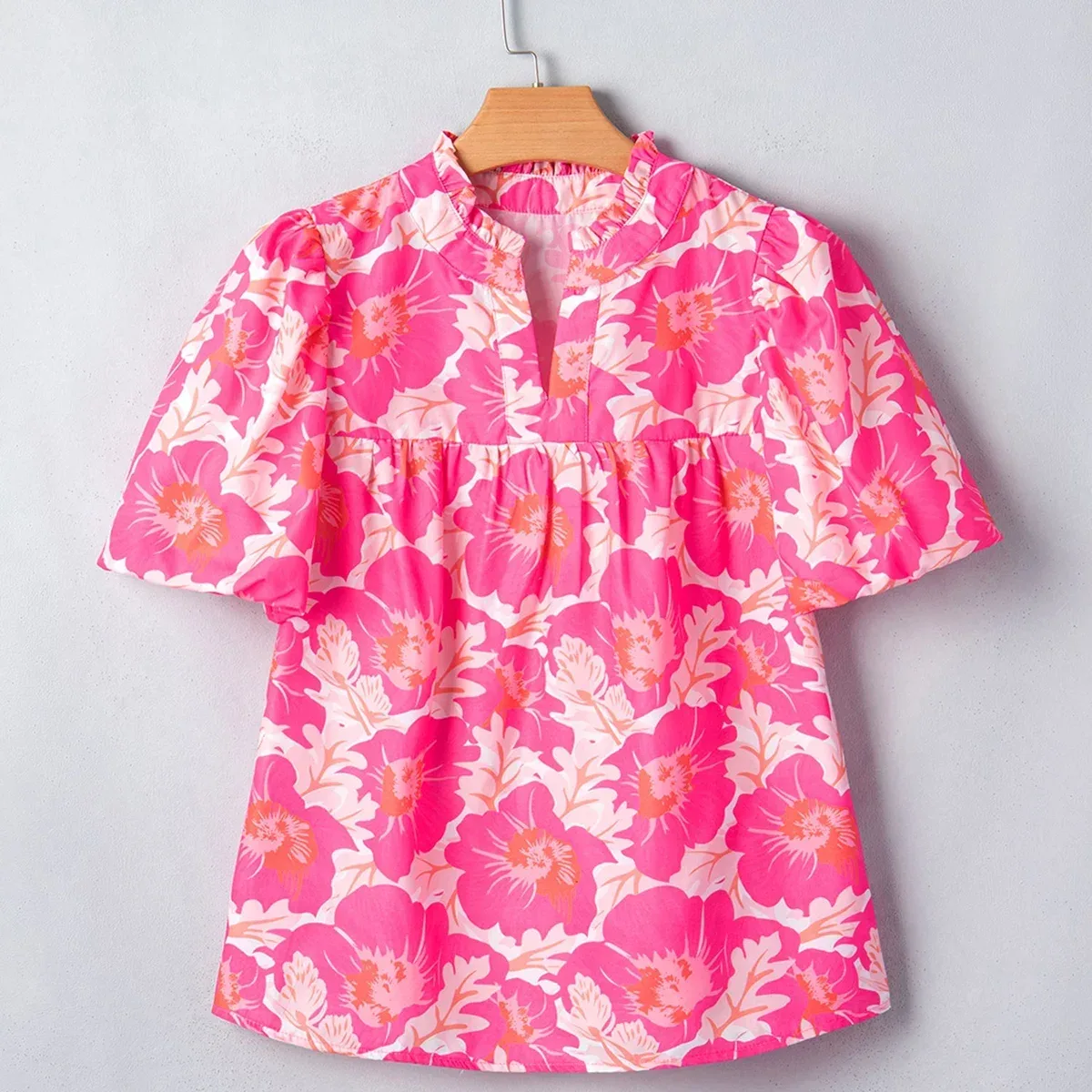 Pink Short Bubble Sleeve Summer Floral Blouse, photo 2 of 4