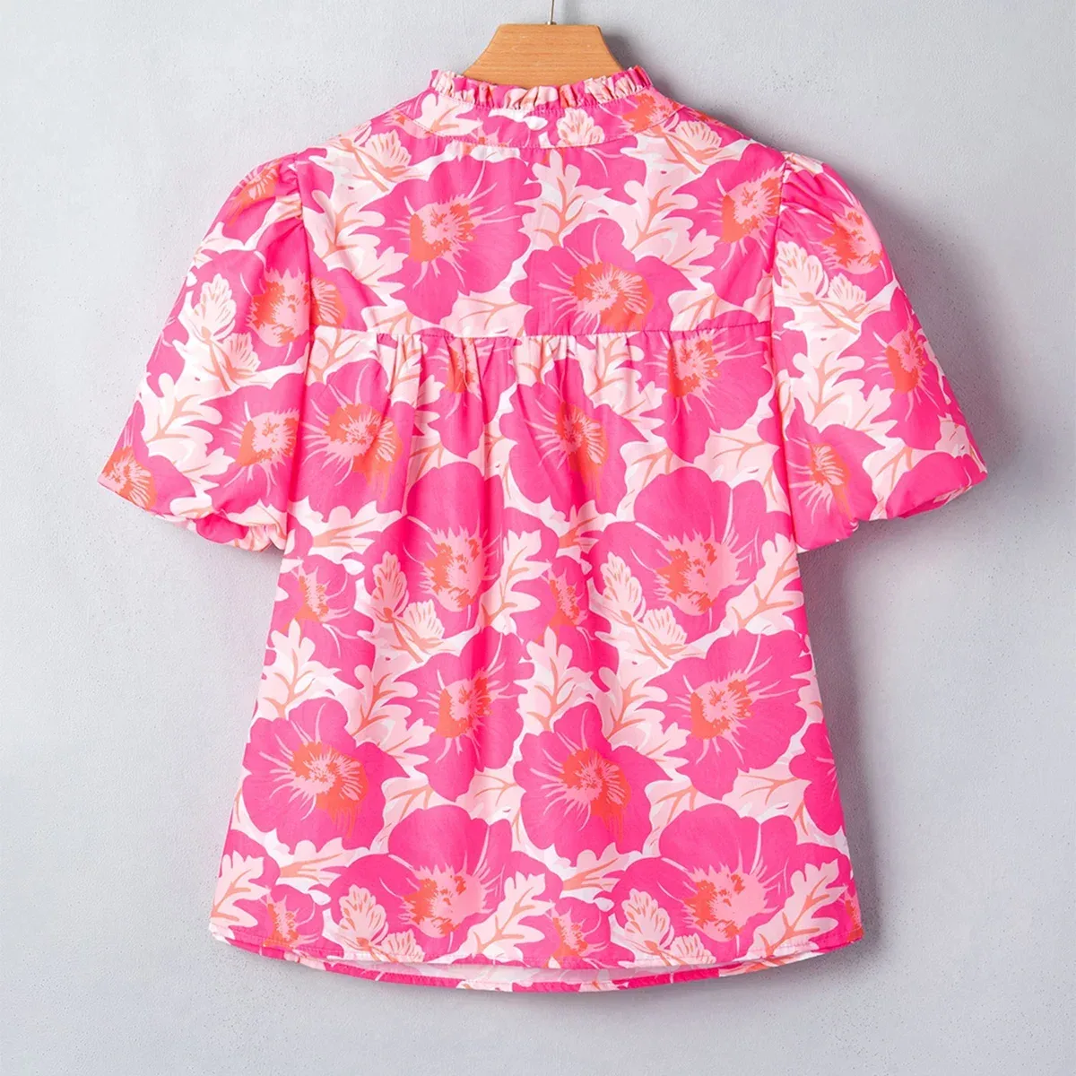 Pink Short Bubble Sleeve Summer Floral Blouse, photo 3 of 4