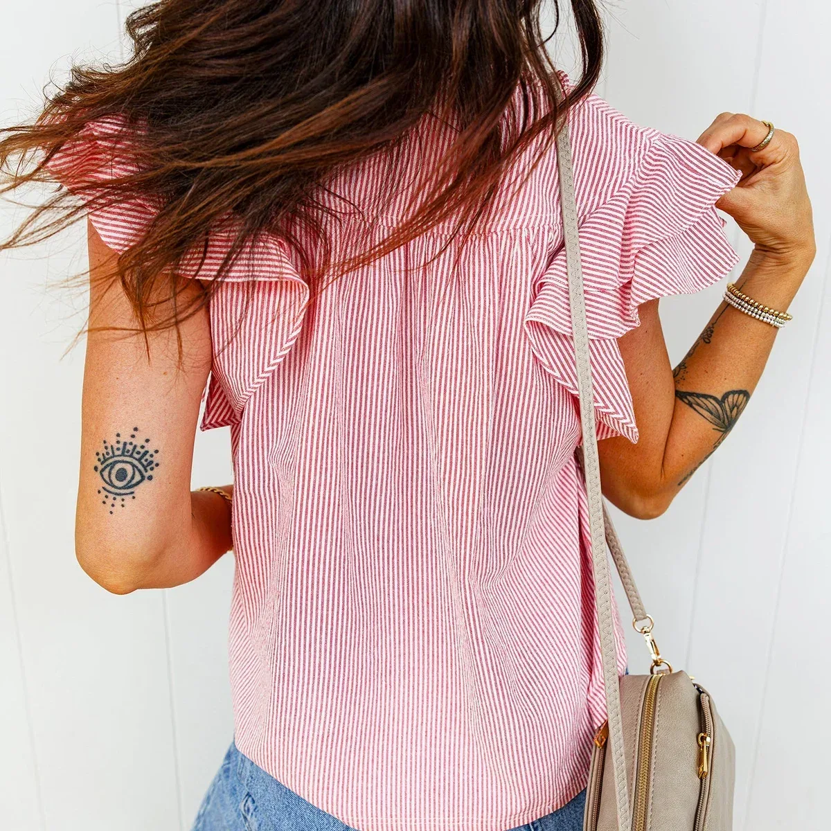 Red Stripe Frilly Split Neck Double Ruffled Short Sleeve Blouse, photo 2 of 4