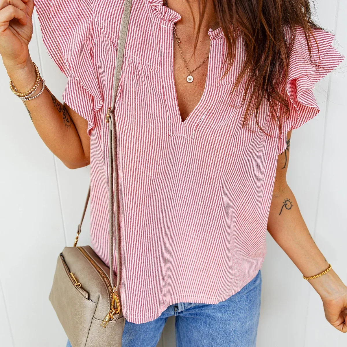 Red Stripe Frilly Split Neck Double Ruffled Short Sleeve Blouse, photo 3 of 4