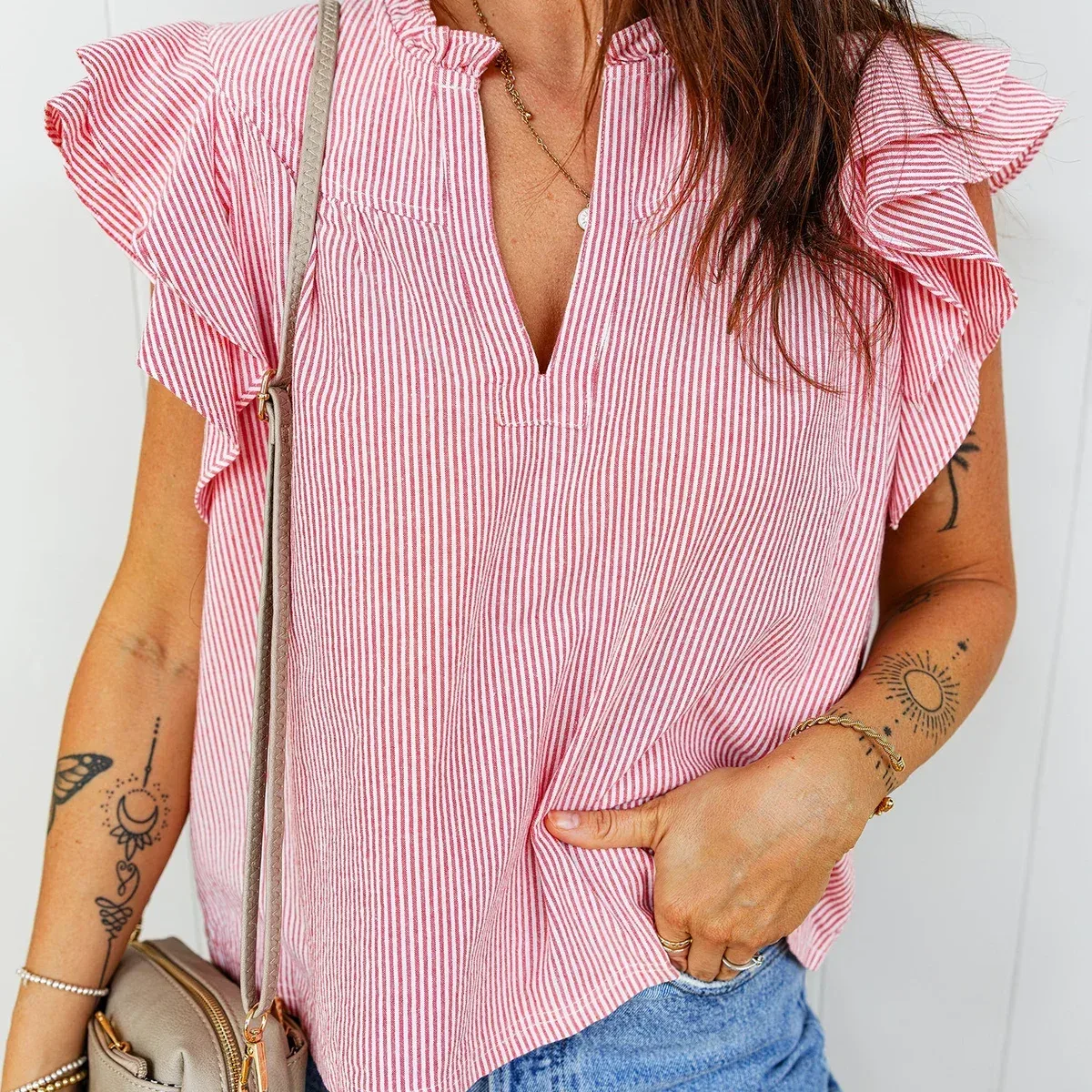 Red Stripe Frilly Split Neck Double Ruffled Short Sleeve Blouse, photo 4 of 4