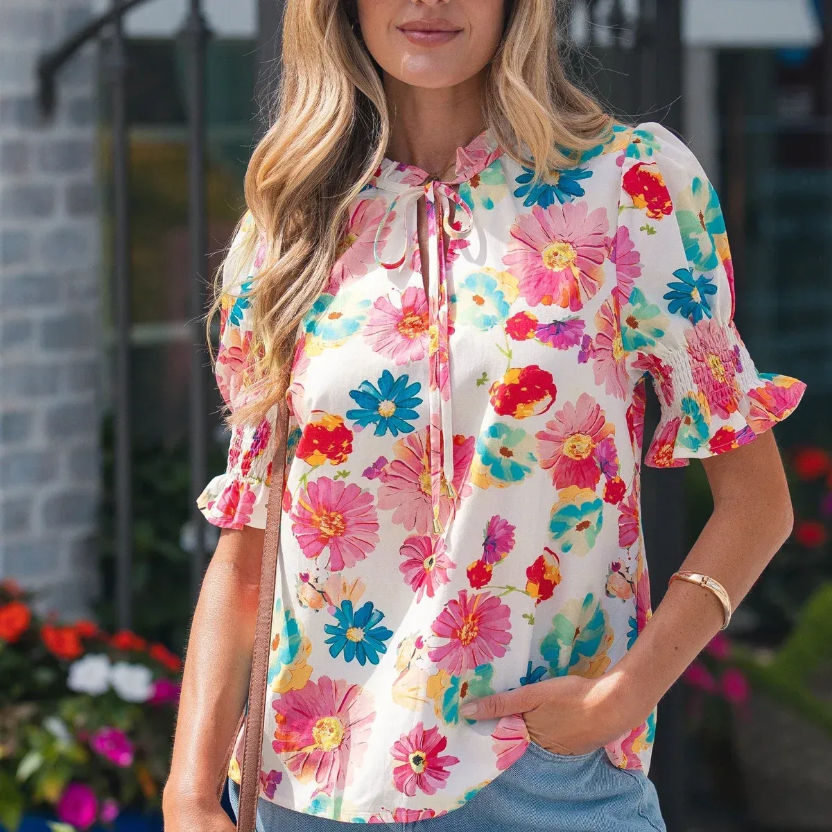 Beige Vibrant Summer Floral Tie V Neck Short Puff Sleeve Blouse, photo 1 of 4