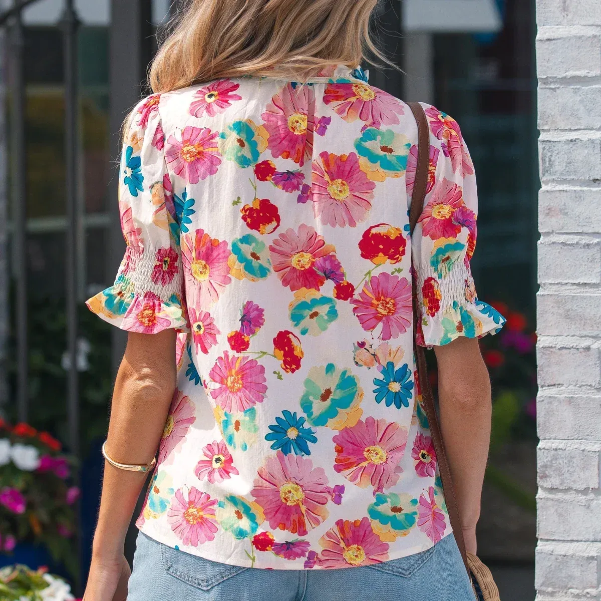 Beige Vibrant Summer Floral Tie V Neck Short Puff Sleeve Blouse, photo 2 of 4