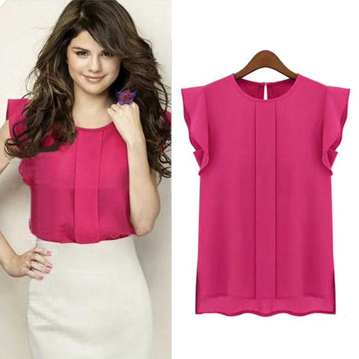 fashion woman blouses 2018 solid womens tops and blouses Chiffon Shirts OL Lady Round Collar Sleeveless Ruffle, photo 2 of 4