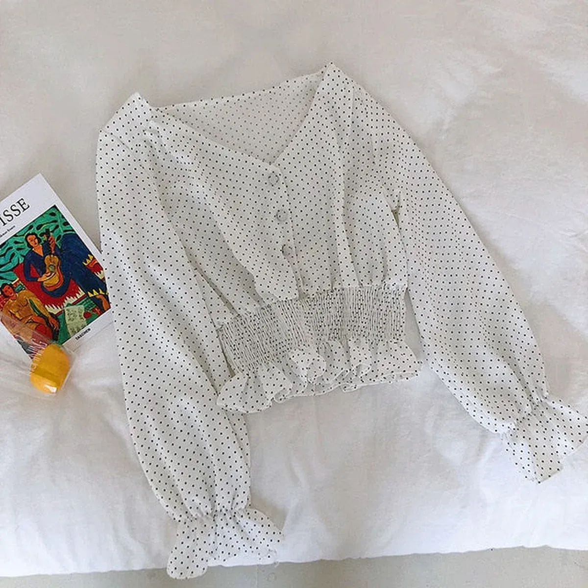 Vintage V-neck Flare Sleeve Polka Dot Women Blouse Shirts Elegant Front Buttons Slim Waist Ruffles Female Blou, photo 4 of 4