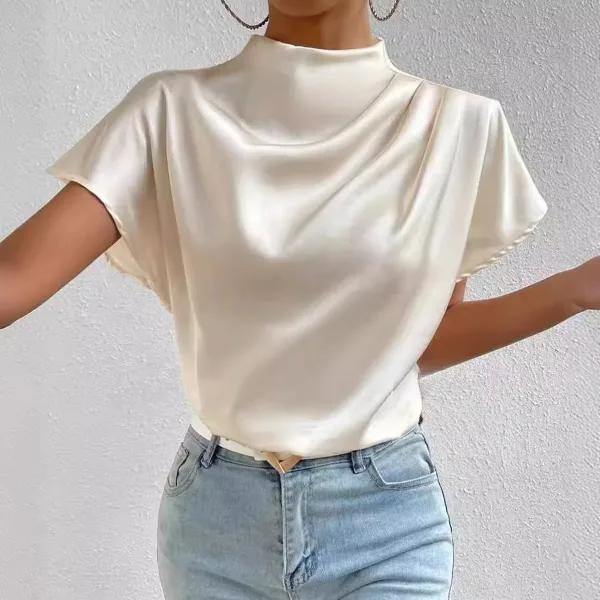 2026 Cross-Border Hot-Selling New Product Round Neck Short-Sleeve Left Shoulder Ruched T-Shirt Satin Women's T