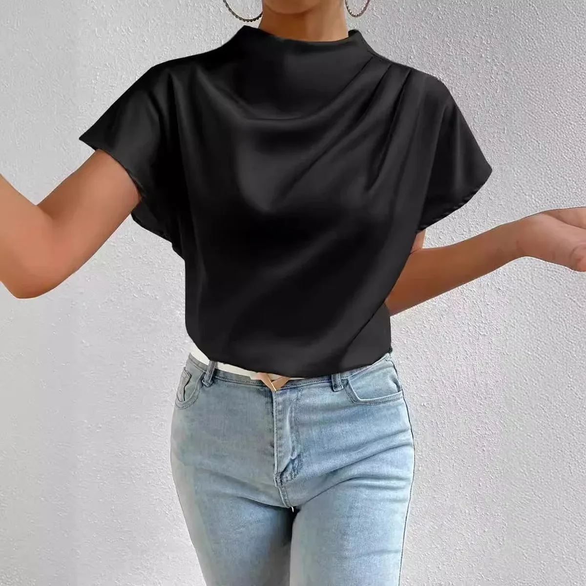2026 Cross-Border Hot-Selling New Product Round Neck Short-Sleeve Left Shoulder Ruched T-Shirt Satin Women's T, photo 2 of 4