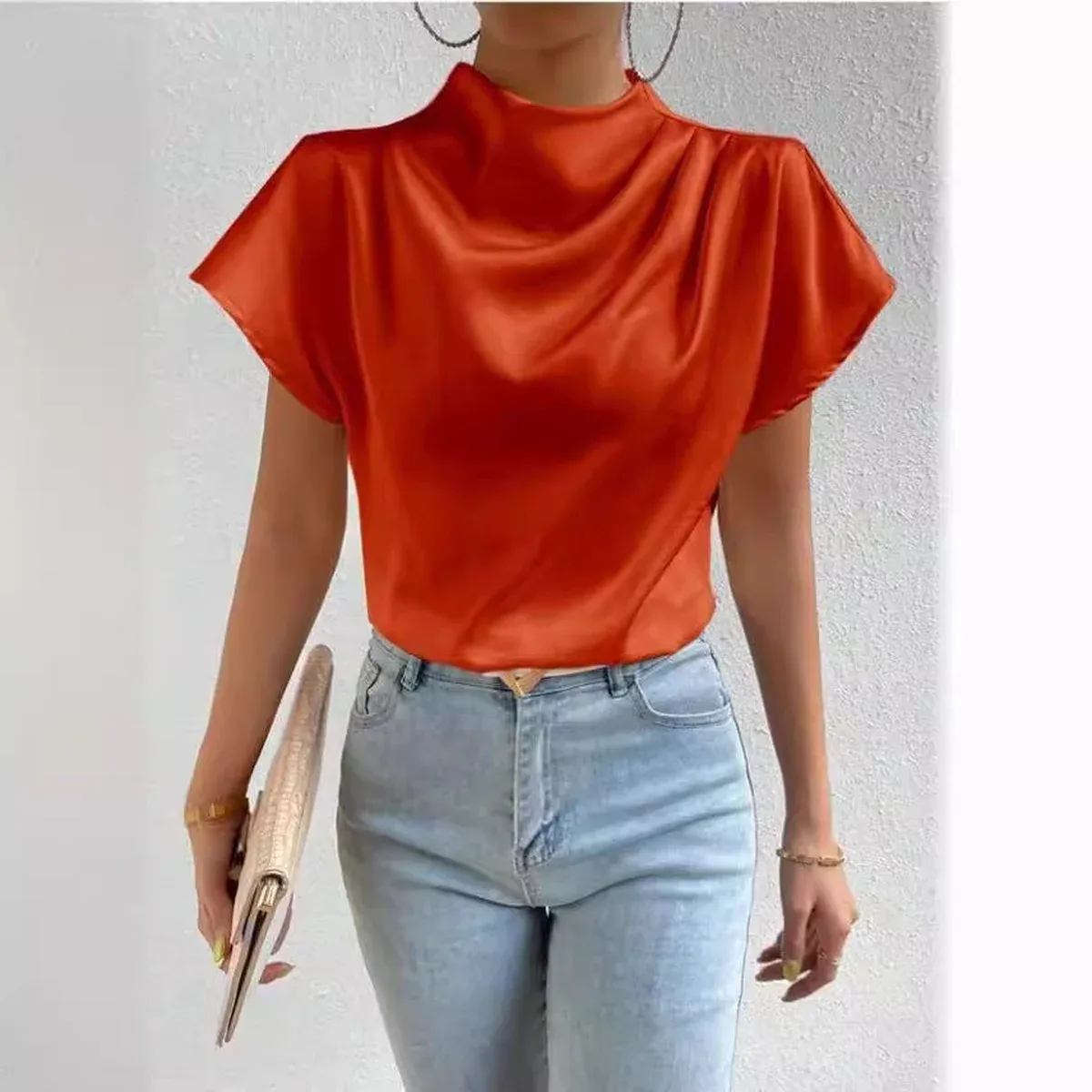 2026 Cross-Border Hot-Selling New Product Round Neck Short-Sleeve Left Shoulder Ruched T-Shirt Satin Women's T, photo 3 of 4