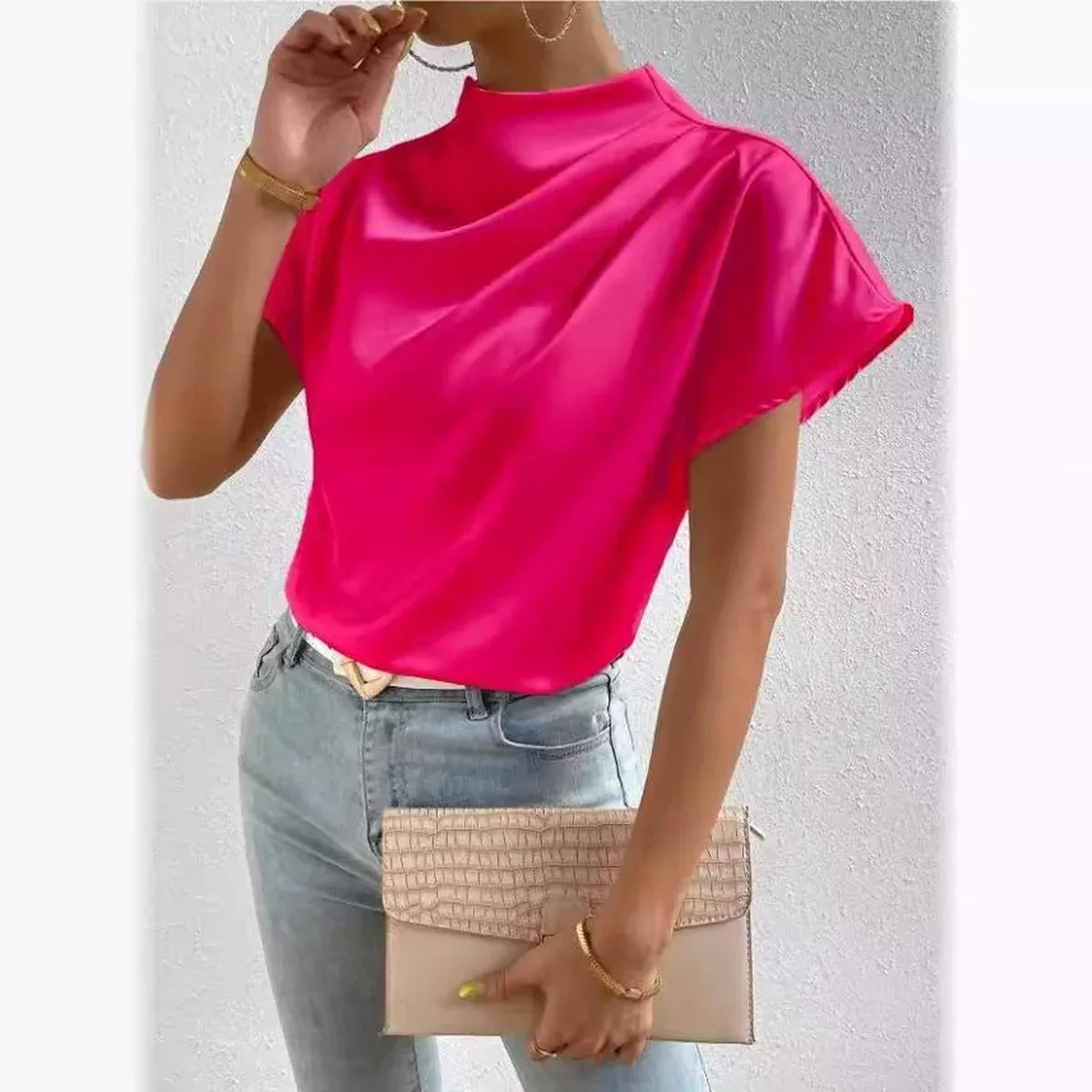 2026 Cross-Border Hot-Selling New Product Round Neck Short-Sleeve Left Shoulder Ruched T-Shirt Satin Women's T, photo 4 of 4